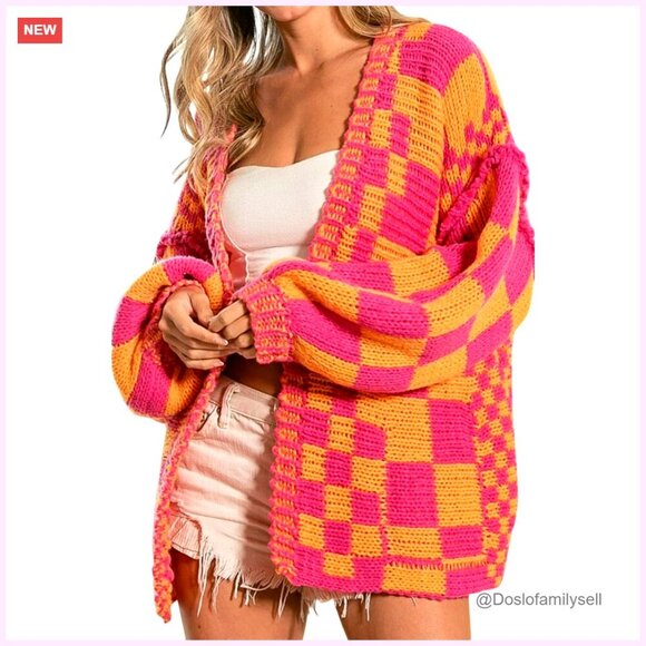 Sweaters - Chunky Knit Cardigan, Oversized Fit, Acrylic, Open Front, Plaid Pattern
